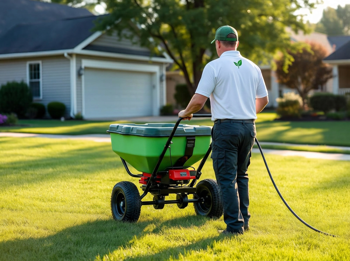 NuGreen technician applying a seasonal lawn treatment in Troy, MI