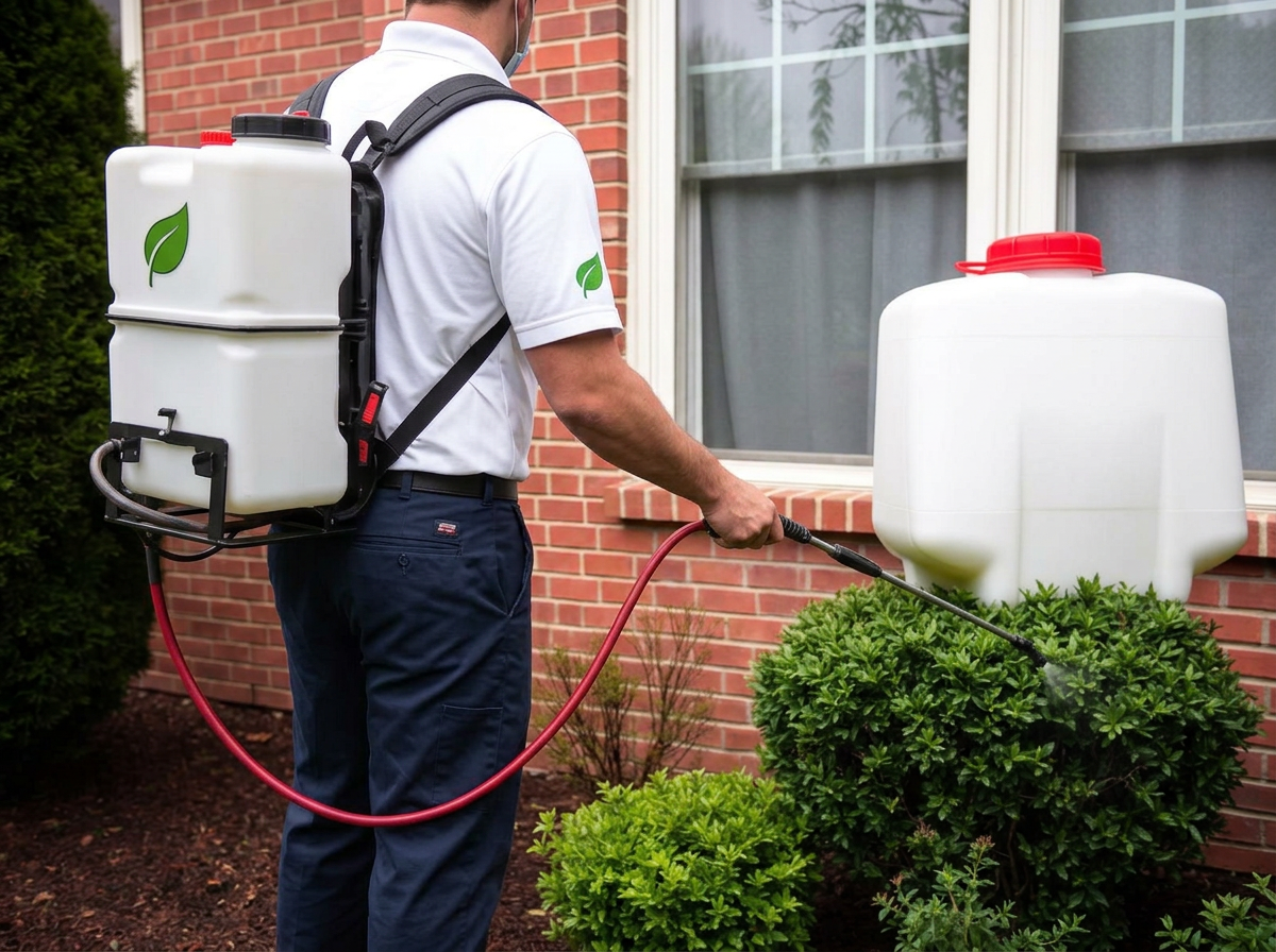 NuGreen technician treating the perimeter of a home for ants and spiders